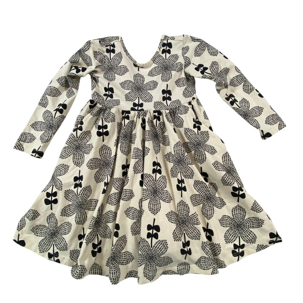 Hanna Andersson Girls Floral Swing Dress Cream Navy Long Sleeve‎ Size 4 100cm
